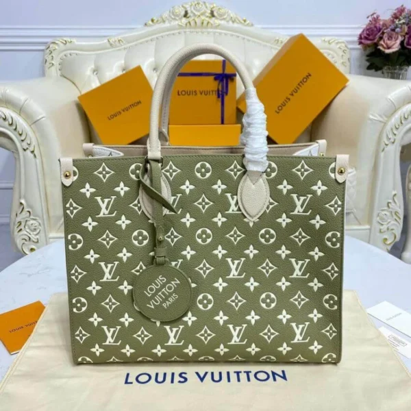 Louis Vuitton Onthego MM Tote Monogram Empreinte ‘Kaki Beige’ 35cm, Designer Handbags, Womens Purse, luxury bags